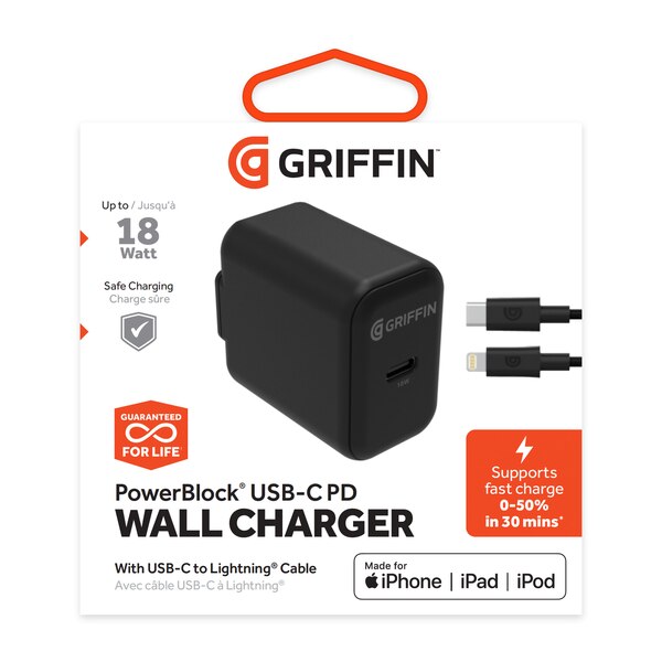 Griffin PowerBlock USB-C PD 18W Wall Charger with USB-C to Lightning Cable, Black