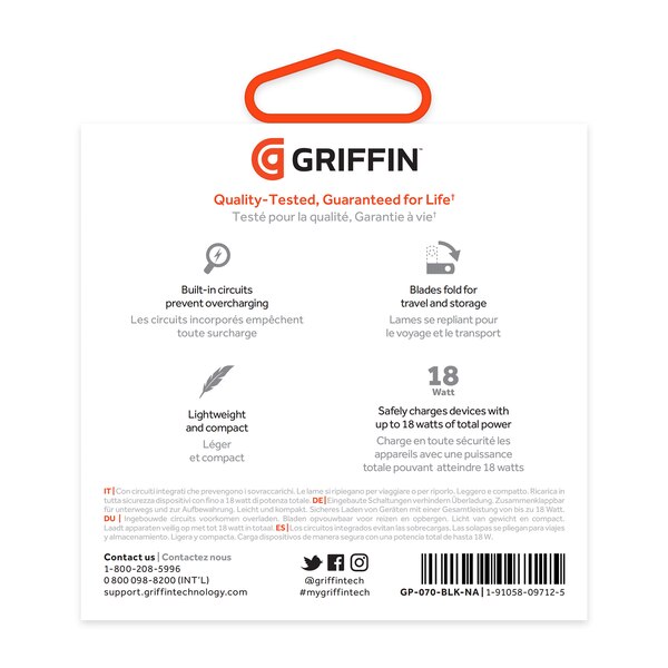 Griffin PowerBlock USB-C PD 18W Wall Charger with USB-C to Lightning Cable, Black