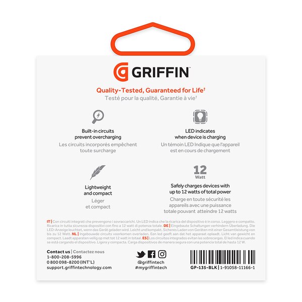 Griffin PowerJolt Universal USB-A 12W Car Charger with USB-A to Lightning Cable - Black. Lifetime Warranty.