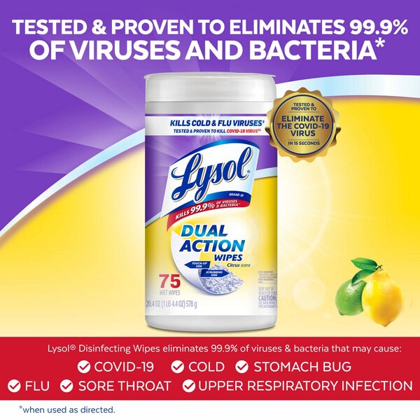 Lysol Dual Action Wipes, Citrus Scent, 75ct