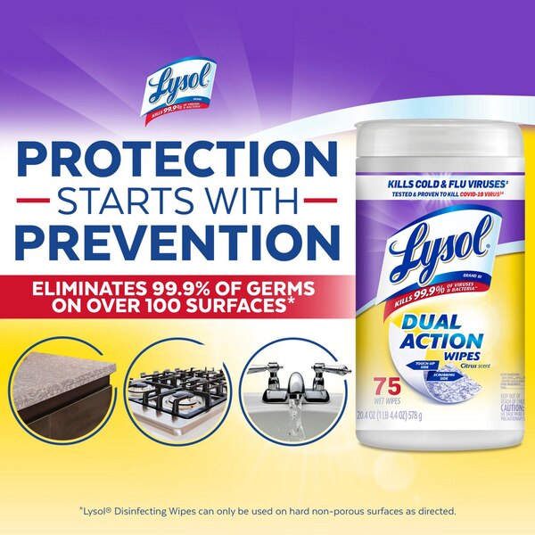 Lysol Dual Action Wipes, Citrus Scent, 75ct