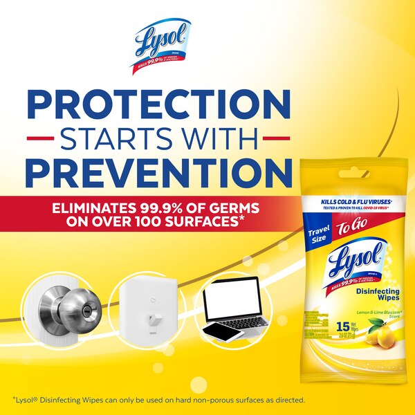 LYSOL Disinfecting Wipes, Lemon & Lime Blossom, To-Go Flatpack, 15 CT