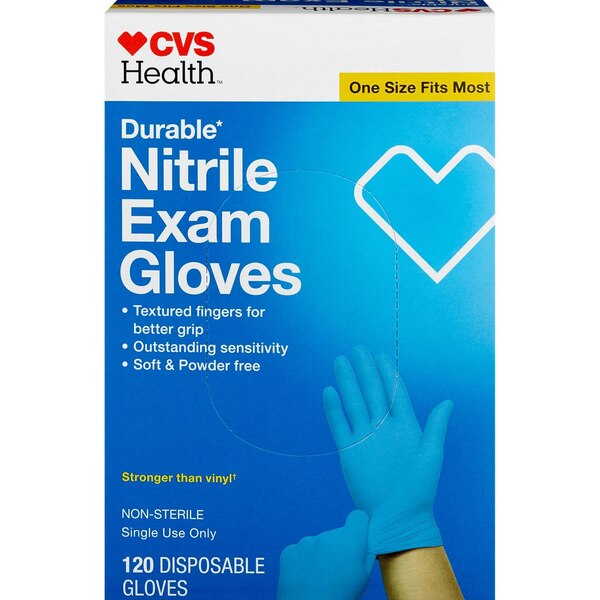 CVS Health Durable Nitrile Exam Disposable Gloves, One Size Fits Most, 120 CT
