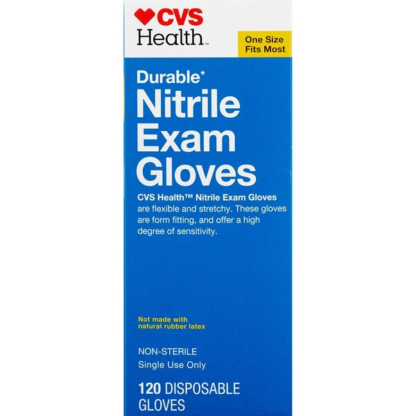 CVS Health Durable Nitrile Exam Disposable Gloves, One Size Fits Most, 120 CT