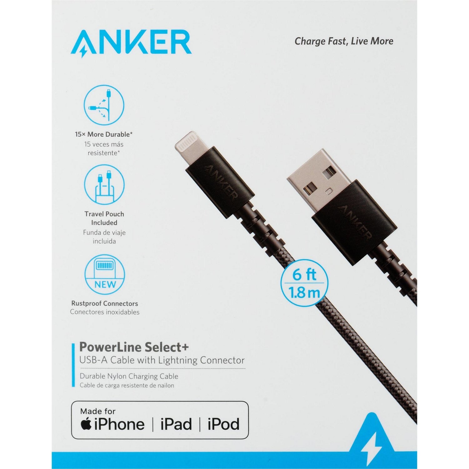 Anker PowerLine Select+ USB-A Cable with Lightning Connector Charging Cable image.