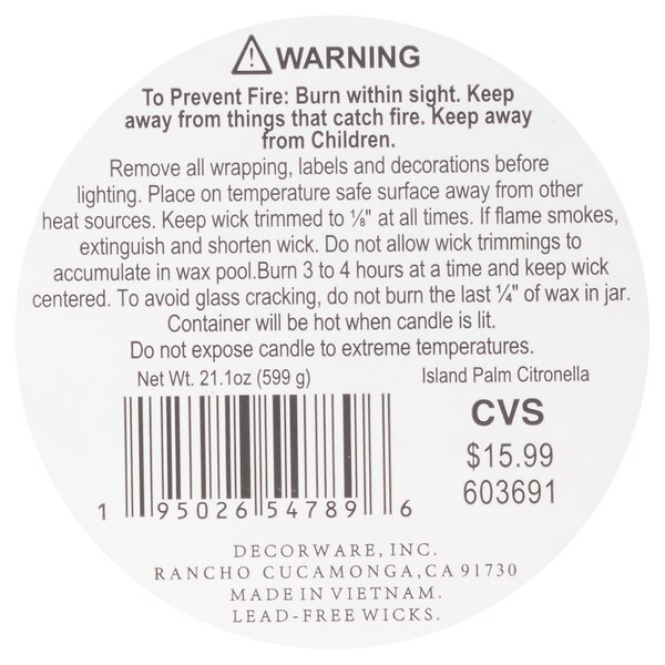 Decorware Island Palm Candle, Citronella Scent, 21.1 oz