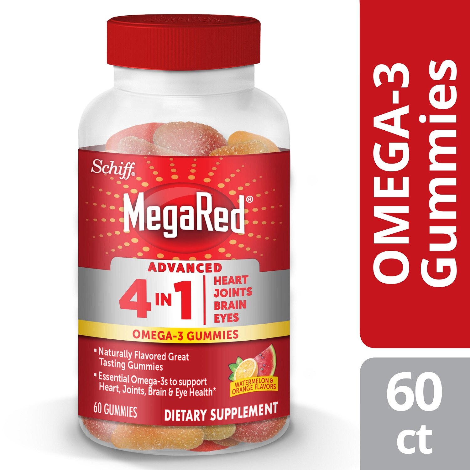 MegaRed 4in1 Omega-3 Fish Oil Watermelon & Orange Flavor Gummies, 60 CT