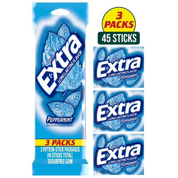 Extra, Peppermint Sugar Free Chewing Gum, 15 ct, 3 Pack