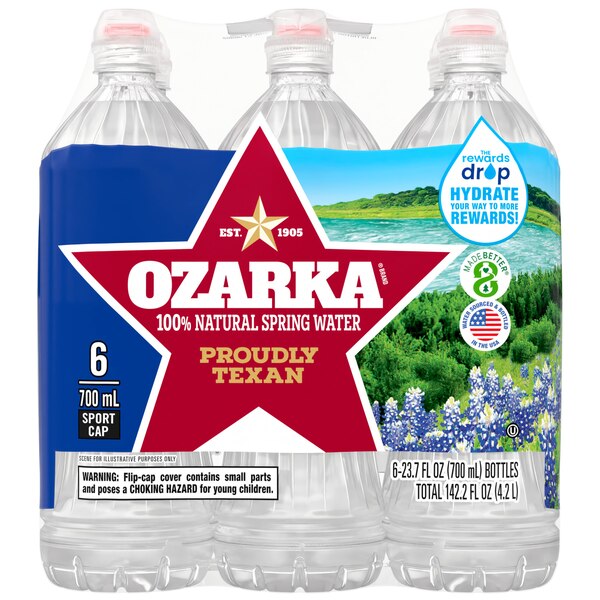 Ozarka 100% Natural Spring Water, Sport Cap Bottles,6 ct, 23.7 oz