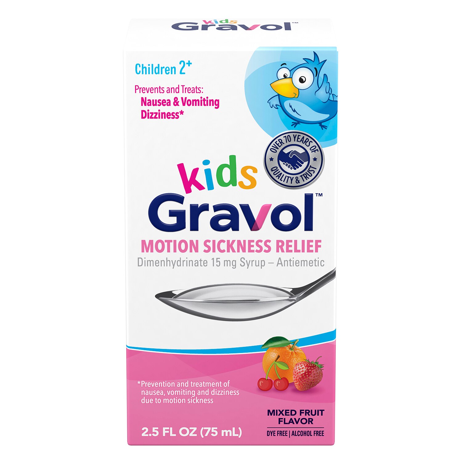 Gravol Kids Motion Sickness Relief - Dimenhydrinate 15 mg Syrup, Mixed Fruit Flavor, 2.5 fl oz