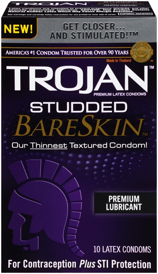 Trojan Studded BareSkin - Condones lubricados texturizados con puntos, 10 u.