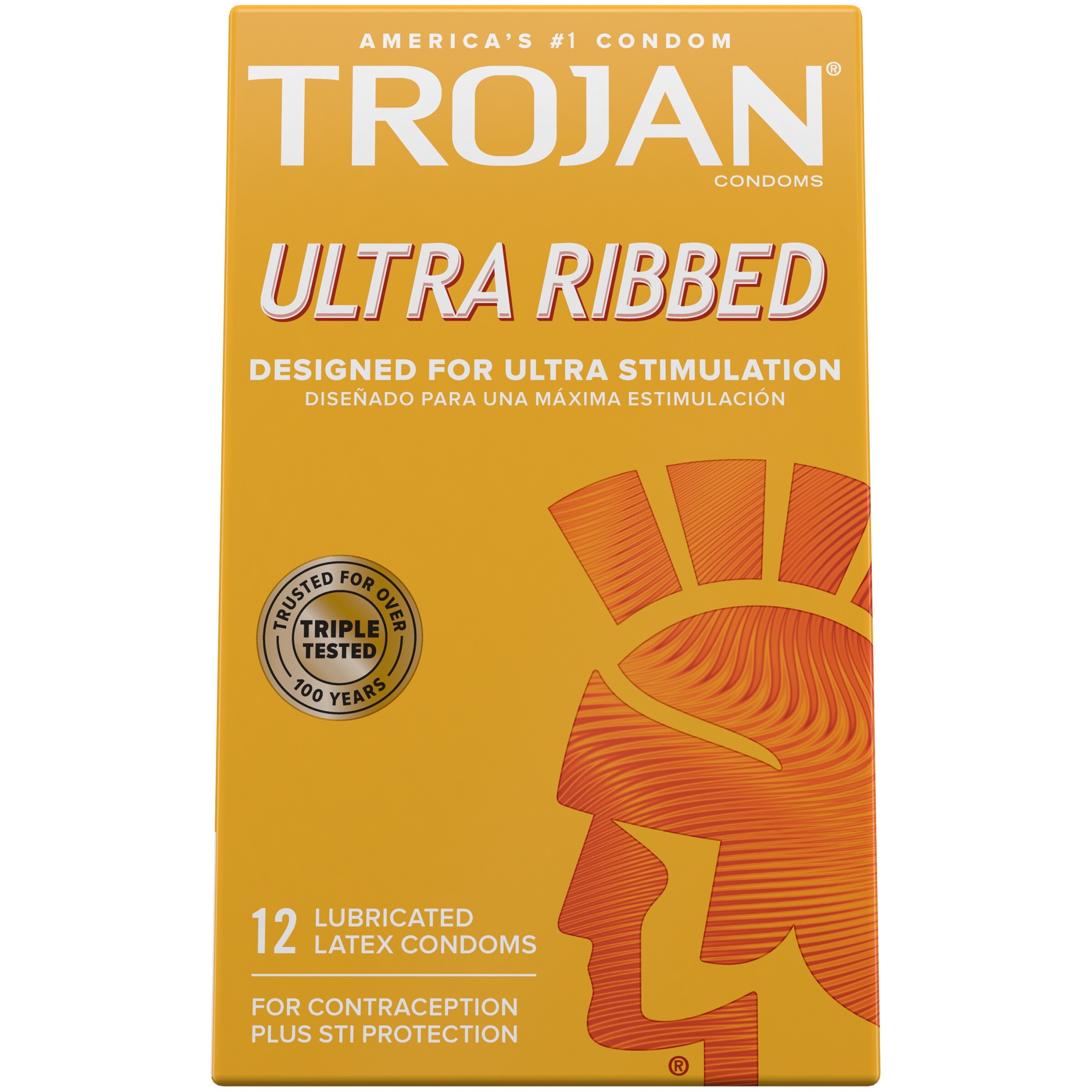 Trojan Ultra Ribbed - Condones de látex lubricados, 12 u.