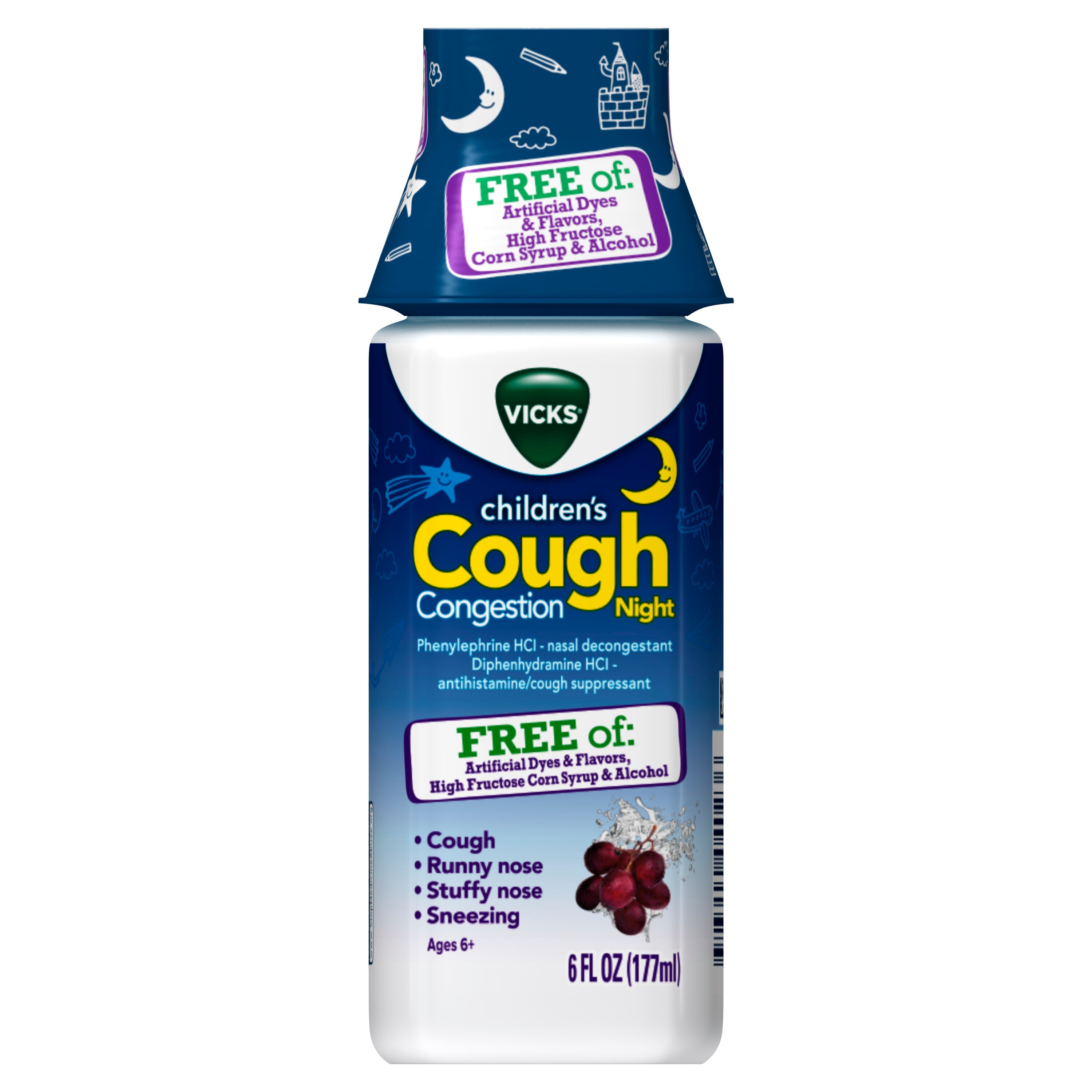 Vicks Children's Cough & Congestion NIGHT Relief, Kids Cough Syrup Medicine, Grape, Ages 6+, 6 OZ
