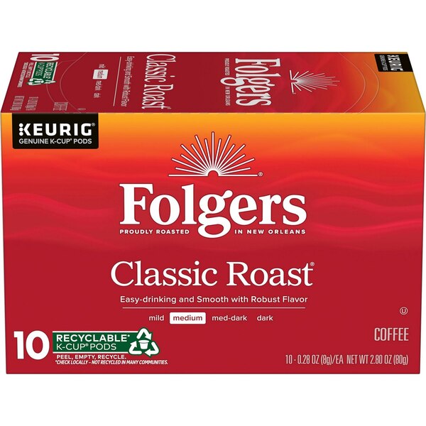 Folgers, Classic Roast Coffee K-Cup Pods, 10 ct, 2.80 oz