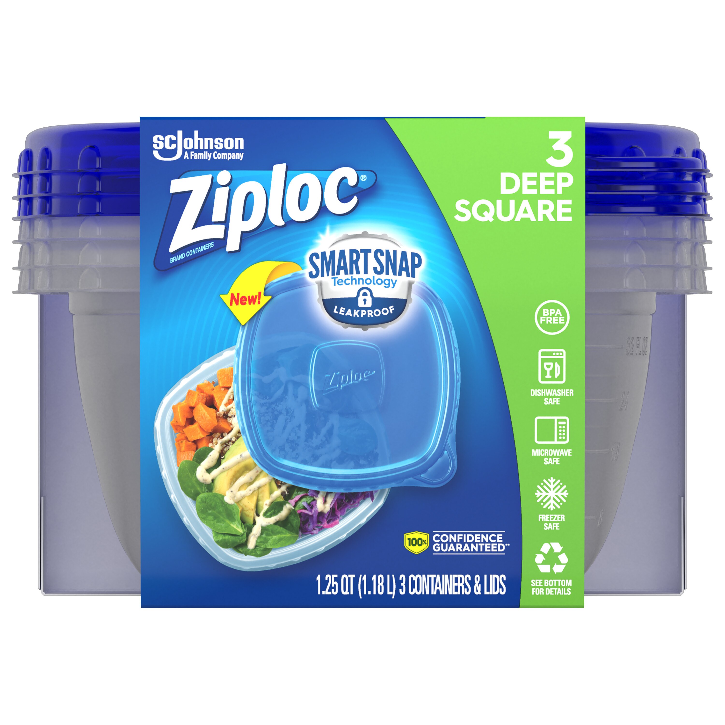 Ziploc Plastic Containers, Deep Square, 3 ct
