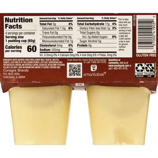 Snack Pack Sugar-Free Vanilla Pudding, 3.25 OZ, 4 CT