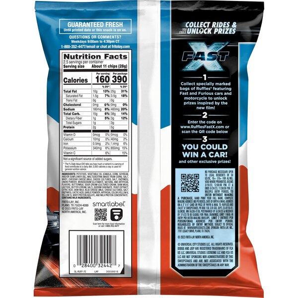 Ruffles Potato Chips Cheddar & Sour Cream Flavored, 2.5 oz