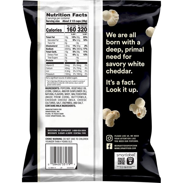 Smartfood Popcorn White Cheddar Flavored, 2 oz