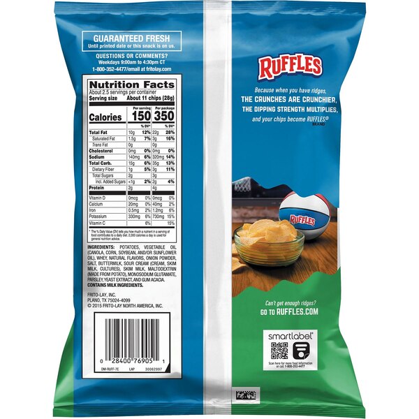 Ruffles, Sour Cream & Onion Chips, 2.25 oz