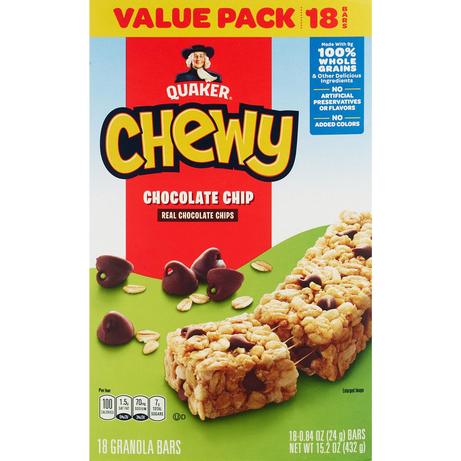 Quaker Chewy Bars, Chocolate Chip, 18 ct, 15.2 oz