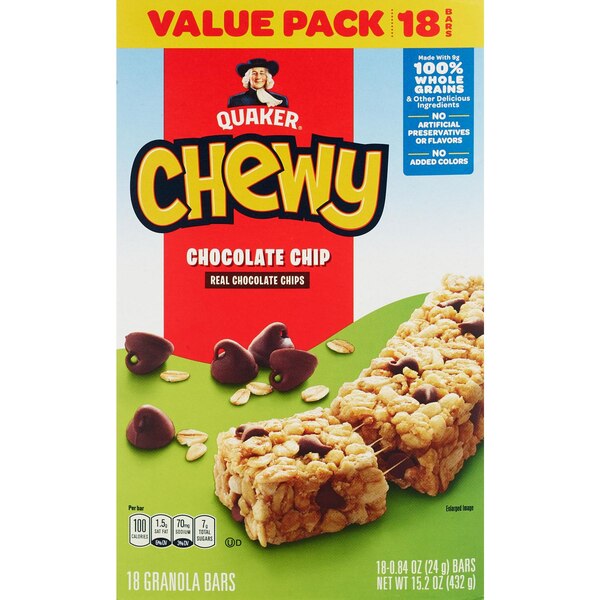 Quaker Chewy Bars, Chocolate Chip, 18 ct, 15.2 oz