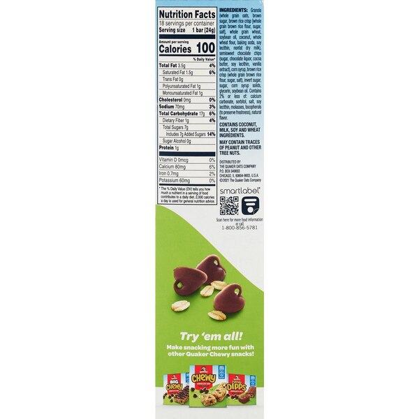 Quaker Chewy Bars, Chocolate Chip, 18 ct, 15.2 oz
