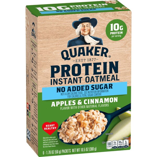 Quaker, Protein No Added Sugar Instant Oatmeal, Apples and Cinnamon, 1.76 oz