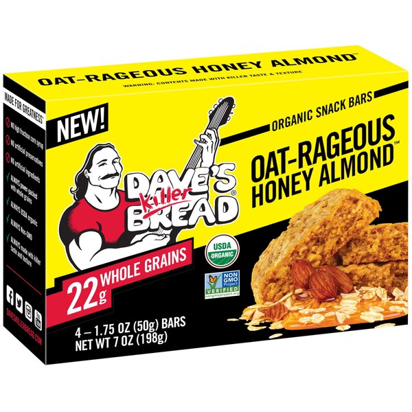 Dave's Killer Bread, Oat-Rageous Honey Almond Organic Snack Bars, 4 Individually Wrapped Snack Bars, 7 oz