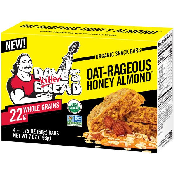 Dave's Killer Bread, Oat-Rageous Honey Almond Organic Snack Bars, 4 Individually Wrapped Snack Bars, 7 oz