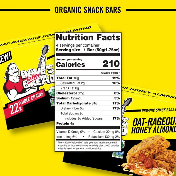 Dave's Killer Bread, Oat-Rageous Honey Almond Organic Snack Bars, 4 Individually Wrapped Snack Bars, 7 oz