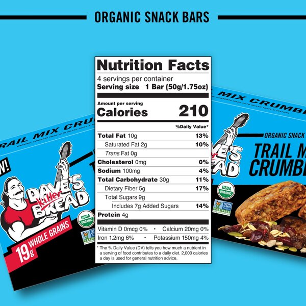 Dave's Killer Bread, Trail Mix Crumble Organic Snack Bars, 4 Individually Wrapped Snack Bars, 1.75 oz