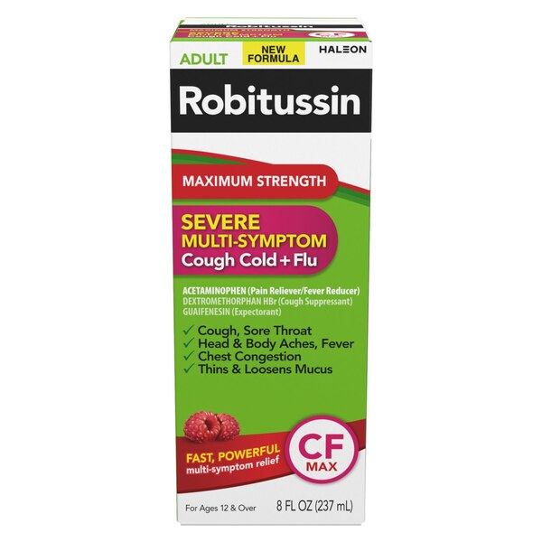 Robitussin Maximum Strength Severe Multi-symptom Cough, Cold, and Flu Relief Liquid, Raspberry, 8 OZ