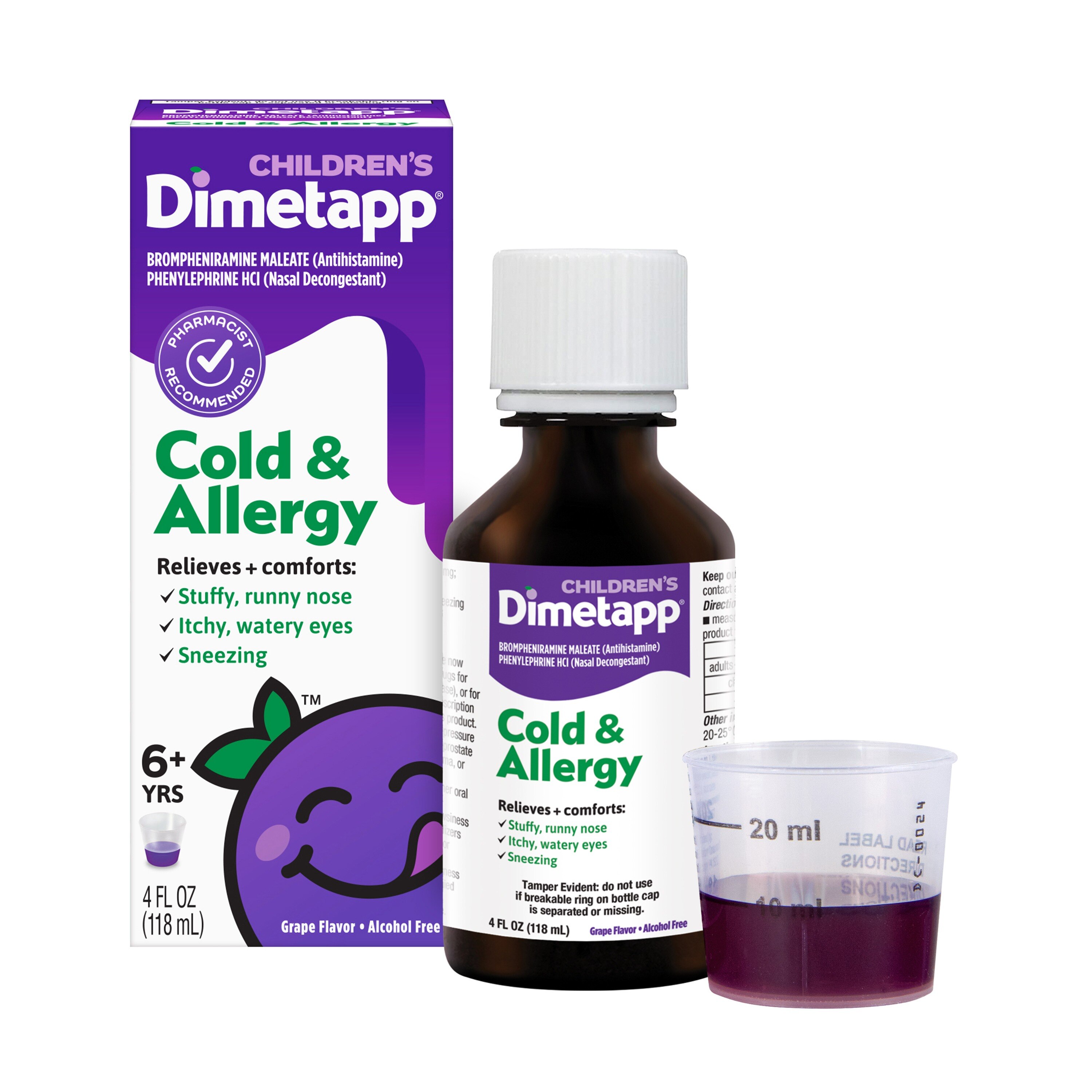 Children's Dimetapp Cold & Allergy - Antihistamínico y descongestivo nasal, sin alcohol, para niños de 6 años en adelante (4 oz líq., sabor Grape)+