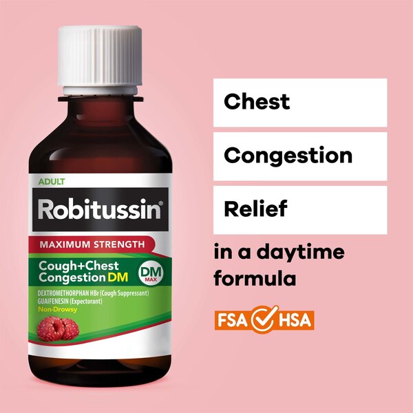 Robitussin Maximum Strength Cough + Chest Congestion DM Liquid Relief, Raspberry