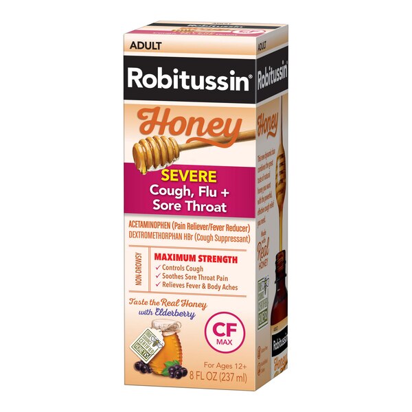 Robitussin Severe Cough, Flu + Sore Throat Daytime Relief, Honey with Elderberry, 8 OZ