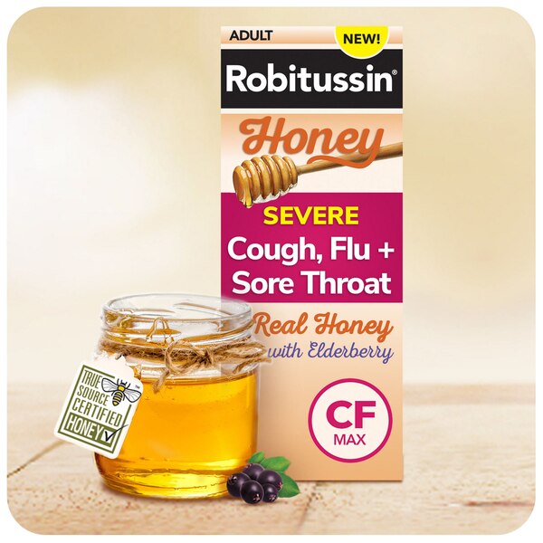 Robitussin Severe Cough, Flu + Sore Throat Daytime Relief, Honey with Elderberry, 8 OZ
