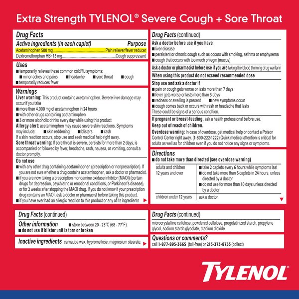 Tylenol Extra Strength Severe Cough & Sore Throat Caplets, 24 CT