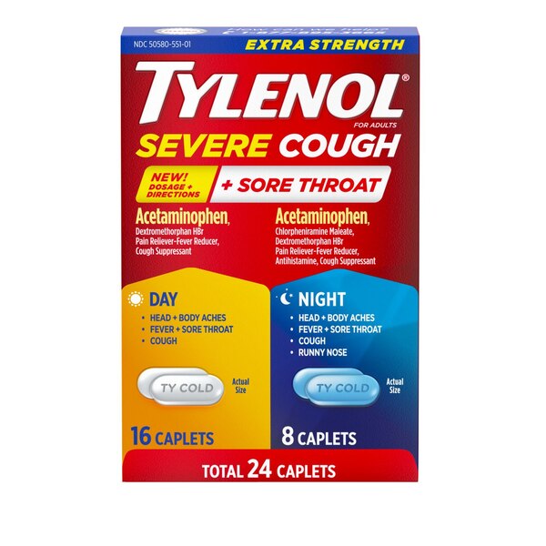 Tylenol Extra Strength Severe Cough + Sore Throat Day and Night Caplets, 24 CT