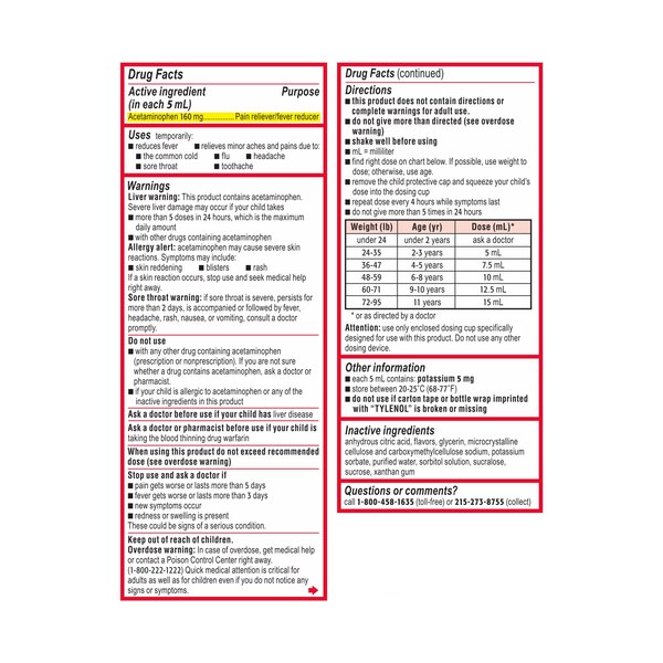 Children's Tylenol Dye-Free Acetaminophen Oral Suspension, Cherry