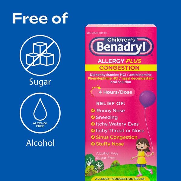 Benadryl Children's Allergy +Plus Congestion Antihistamine Liquid, Grape, 4 OZ