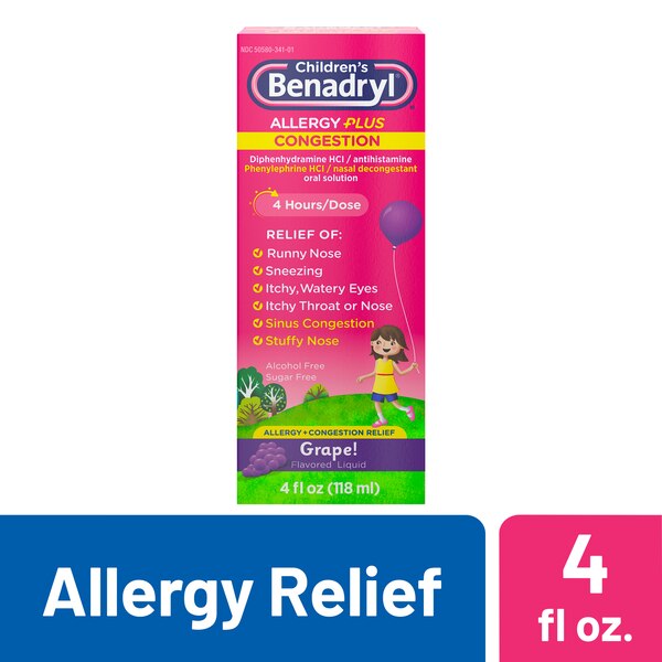 Benadryl Children's Allergy +Plus Congestion Antihistamine Liquid, Grape, 4 OZ