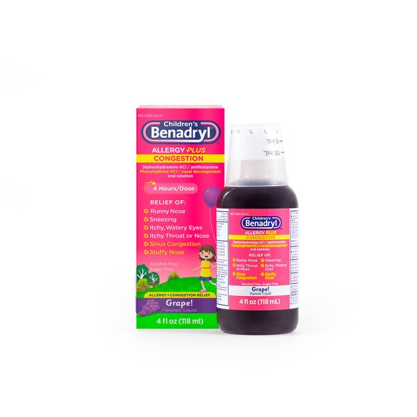 Benadryl Children's Allergy +Plus Congestion Antihistamine Liquid, Grape, 4 OZ