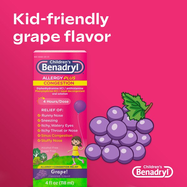 Benadryl Children's Allergy +Plus Congestion Antihistamine Liquid, Grape, 4 OZ