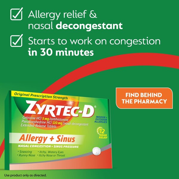 Zyrtec-D 12 Hour Allergy Medicine & Nasal Decongestant Tablets