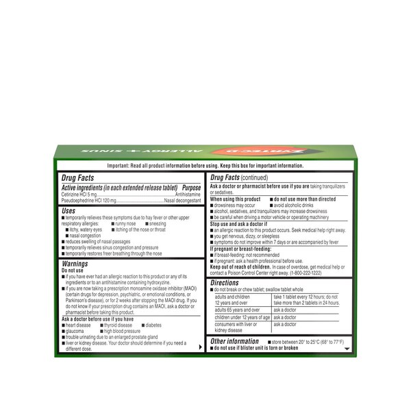 Zyrtec-D 12 Hour Allergy Medicine & Nasal Decongestant Tablets
