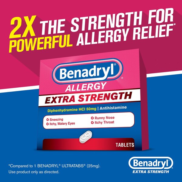 Benadryl Extra Strength Allergy Releif, 50mg Diphenhydramine HCl, 24 CT