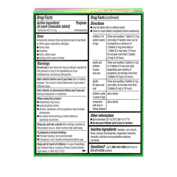 Zyrtec Children's 24HR Dye-Free Allergy Relief Chewable Tablets, 2.5mg Cetirizine HCl, Grape, 24 CT