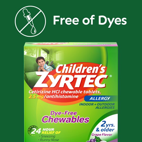Zyrtec Children's 24HR Dye-Free Allergy Relief Chewable Tablets, 2.5mg Cetirizine HCl, Grape, 24 CT