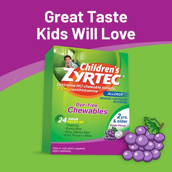 Zyrtec Children's 24HR Dye-Free Allergy Relief Chewable Tablets, 2.5mg Cetirizine HCl, Grape, 24 CT