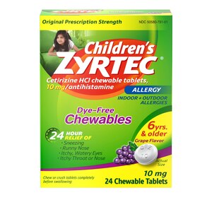 Zyrtec Children's 24HR Dye-Free Allergy Relief Chewable Tablets, 10mg Cetirizine HCl, Grape, 24 CT